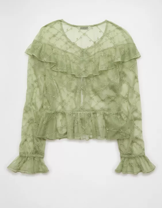 AE Embroidered Tie-Front Mesh Blouse - Image 4