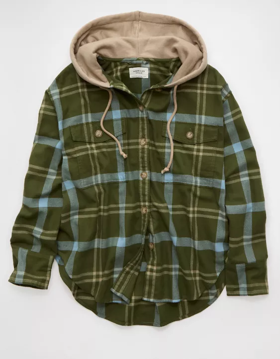 AE Plaid Hooded Button-Up Shirt - Image 3