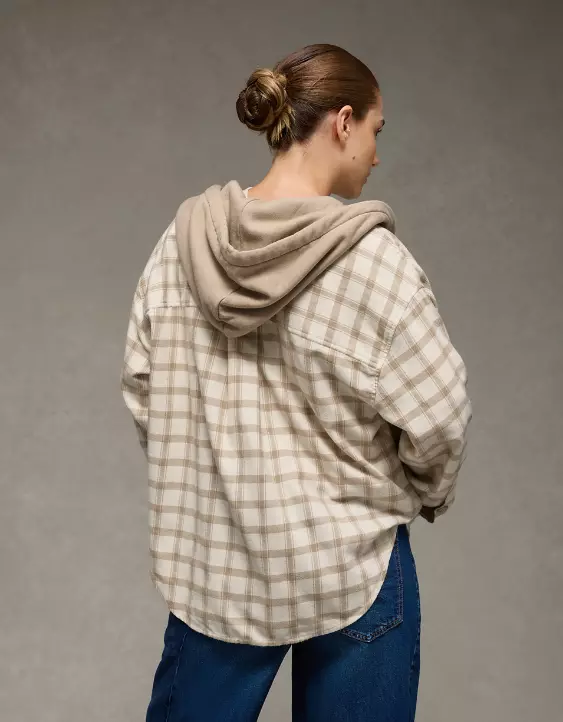 AE Plaid Hooded Button-Up Shirt - Image 2