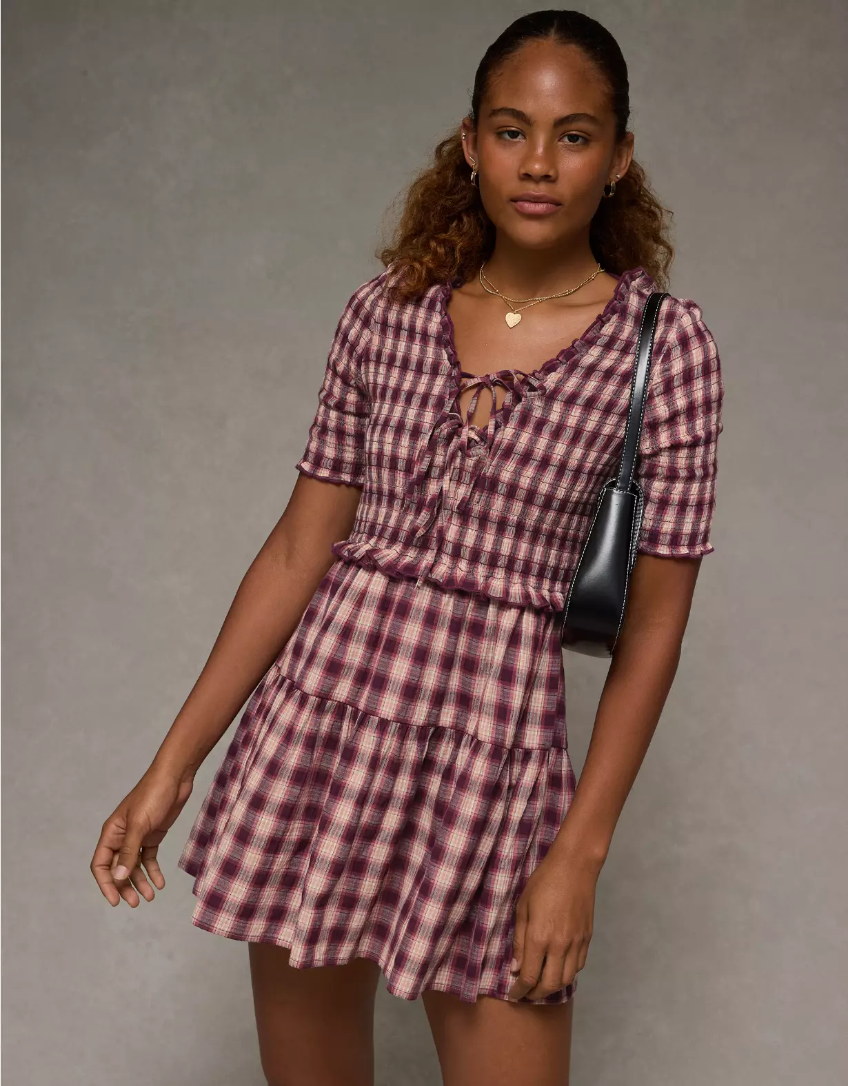 AE Puff Sleeve Tie Front Plaid Mini Dress